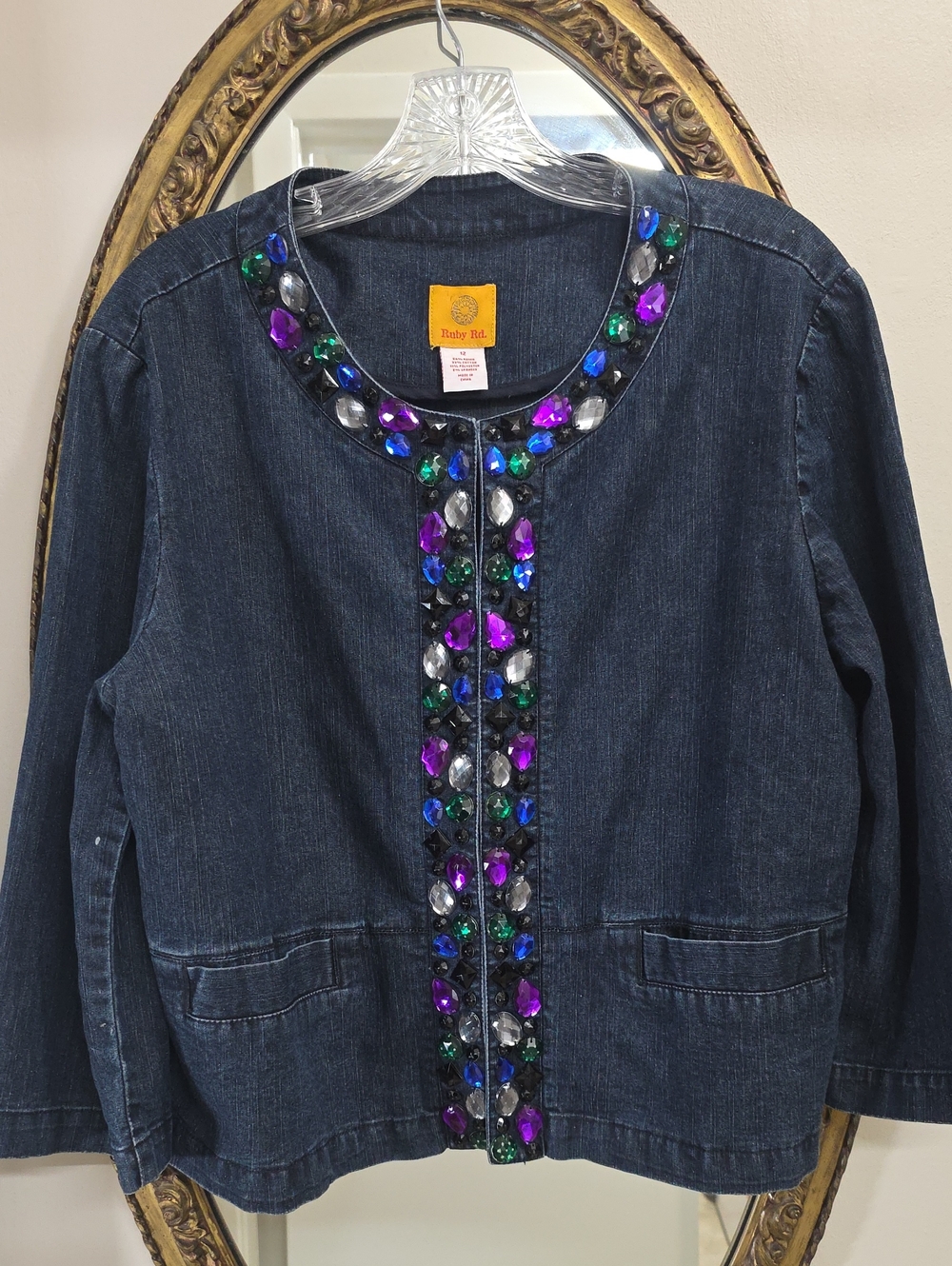 Ruby Rd. Dark Blue Embellished Jean Denim Jacket Multicolor Gems Size 12